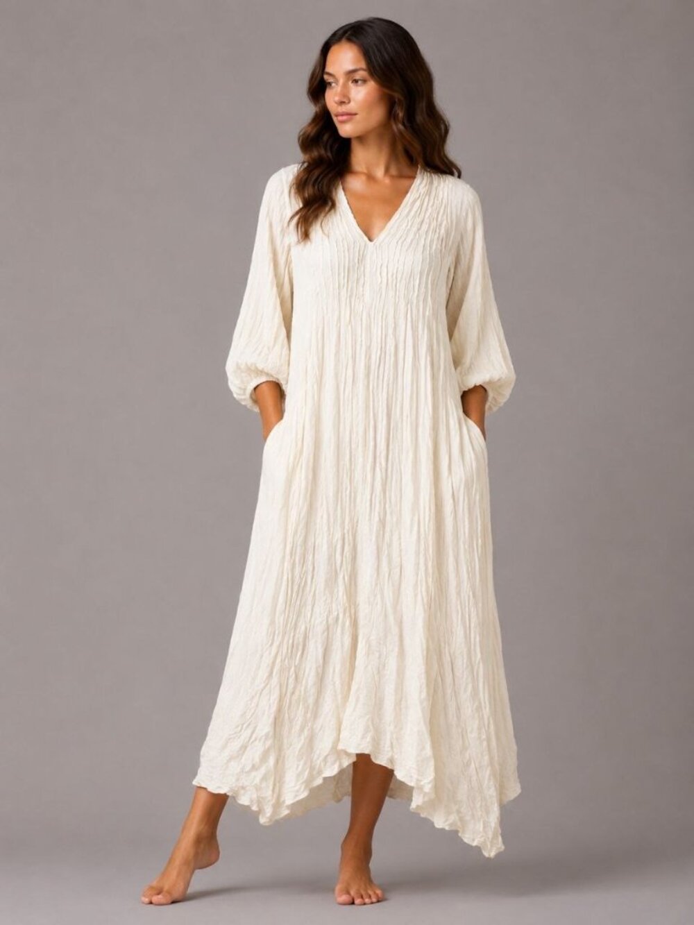 NEW Ivory Cotton Maxi Dress One Size Boho Crinkle Lagenlook Oversized Thailand